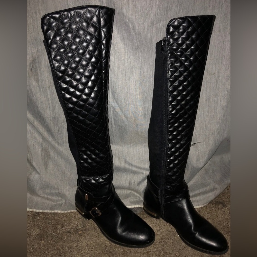 Annabeth Black Quilted Flat Boots, knee high